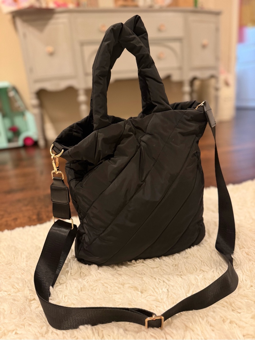 Black Quilted Puffer Tote Bag with Detachable Strap